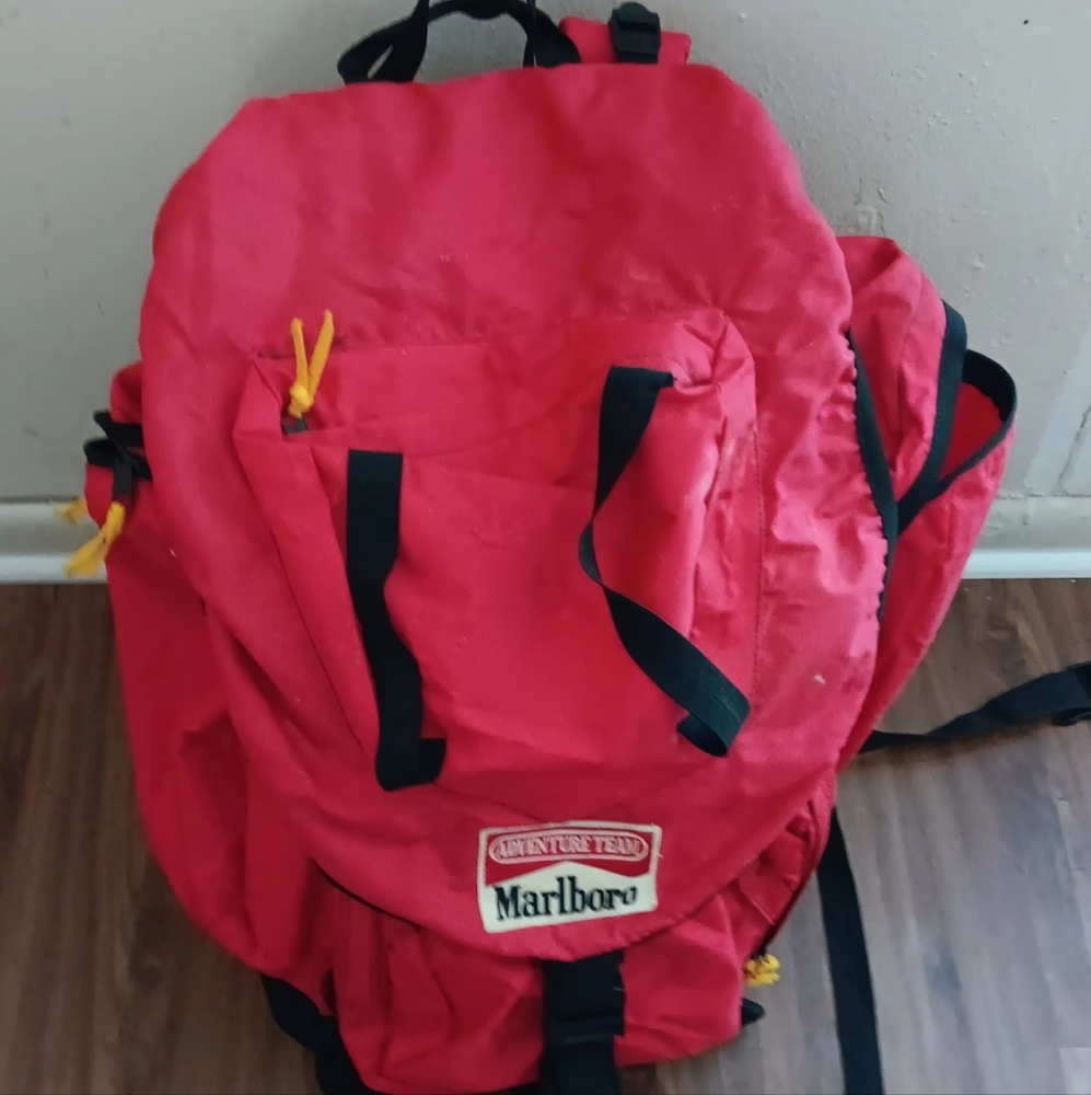 Vintage Marlboro Adventure Team Camping Hiking Backpack Large Bag Red